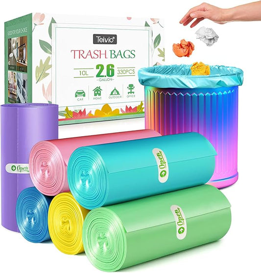 2.6 Gallon/330pcs Strong Trash Bags Colorful Clear Garbage Bags by Teivio, Bathroom Trash Can Bin Liners, Small Plastic Bags for home office kitchen,fit 10 Liter, 2,2.5,3 Gal, Multicolor