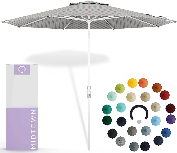 Midtown Umbrellas The Swilt 8 Feet Patio Umbrella in Sunbrella Infused Gem Acrylic Fabric - Fiberglass Ribs, Auto-Tilt Aluminum Frame For Backyard, Deck, Garden, Pool - White Pole