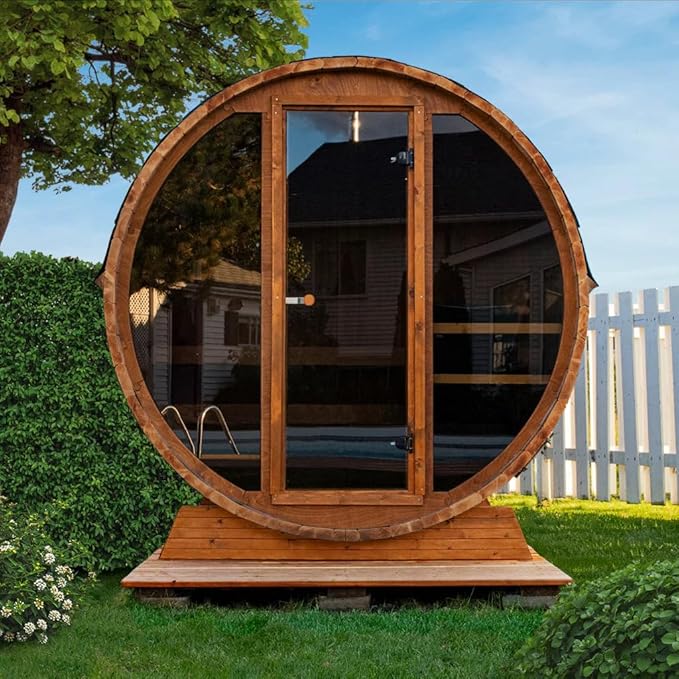 Outdoor Wooden Full Glass Door Barrel Sauna, 4 Person Sauna Room 220V， 6kw ETL Electric Heater， Accessories and Asphalt Shingle Roof (Cedar) (Cedar, 1)