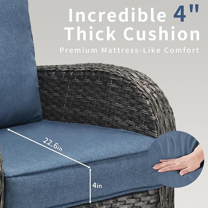 3 Pieces Patio Furniture Set, Outdoor Swivel Rocking Chair Set of 2 with Side Table - 360° Swivel, Thick Cushions, All-Weather Bistro Set for Deck, Porch, Pool(Navy, Grey Full-Weave Rattan)