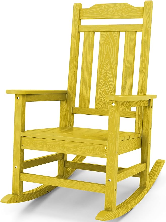SERWALL Outdoor Rocking Chair, Patio Rocking Chairs for Porch, HDPE Rocking Chair Outdoor for Adults, Heavy Duty Front Porch Rocker, Yellow