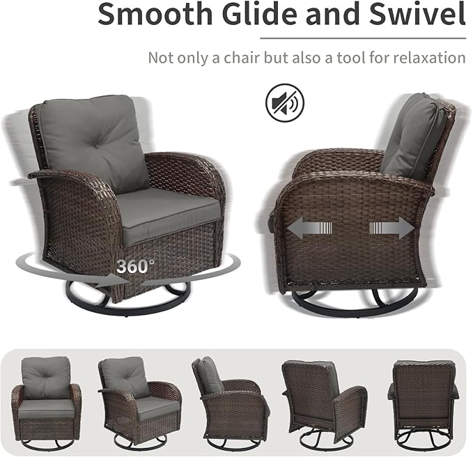 3 Pieces Patio Furniture Set, Outdoor Swivel Rocking Chair Set of 2 with Side Table - 360° Swivel, Thick Cushions, All-Weather Bistro Set for Deck, Porch, Pool (Grey, Brown Full-Weave Rattan)