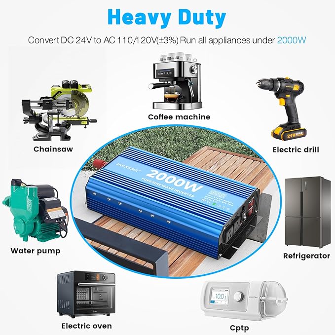 2000 Watt Pure Sine Wave Power Inverter, 12V DC to 110 Vdc to 120 Vdc, for Home, RV and Off-Grid Solar Systems, with 2 AC Outlets and USB Port, LCD Display, with Remote Control