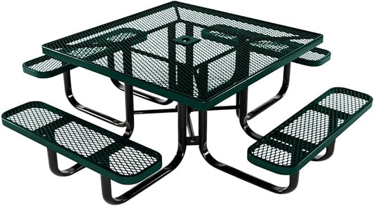 COATEDOUTDOORFURNITURE Heavy-Duty Portable Outdoor Kids Table with Umbrella Hole, Expanded Metal Kids Picnic Table, Commercial-Grade, Made in America (46 in, Square, Childrens, Dark Green)