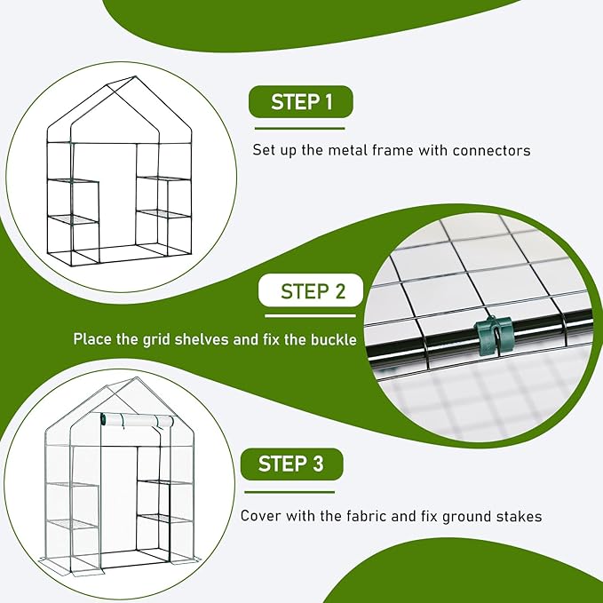 Outvita Walk-in Greenhouse, Outdoor Durable PE Plant Green House for Frost Protection with 3 Tiers 4 Shelves, Shelf Clips, Roll-up Zipper Door, 56"x29"x77" White