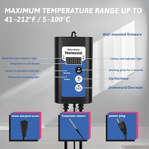 1800W Immersion Water Heater Portable Electric Bathtub & Inflatable Pool Submersible Water Heater with Thermostat, GFCI for Bucket, Swimming Pool, Baptistry, Sap, Above Ground Pool & Hot Tub