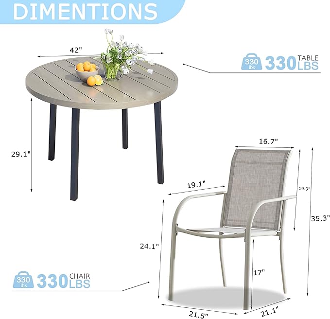 5 Pieces Round Dining Table Set for 4, Patio Dining Set Includes 4 Grey Stackable Patio Chairs and 1 Honey Oak Round Table, Patio Furniture Sets with Sling Support for Outside, Garden