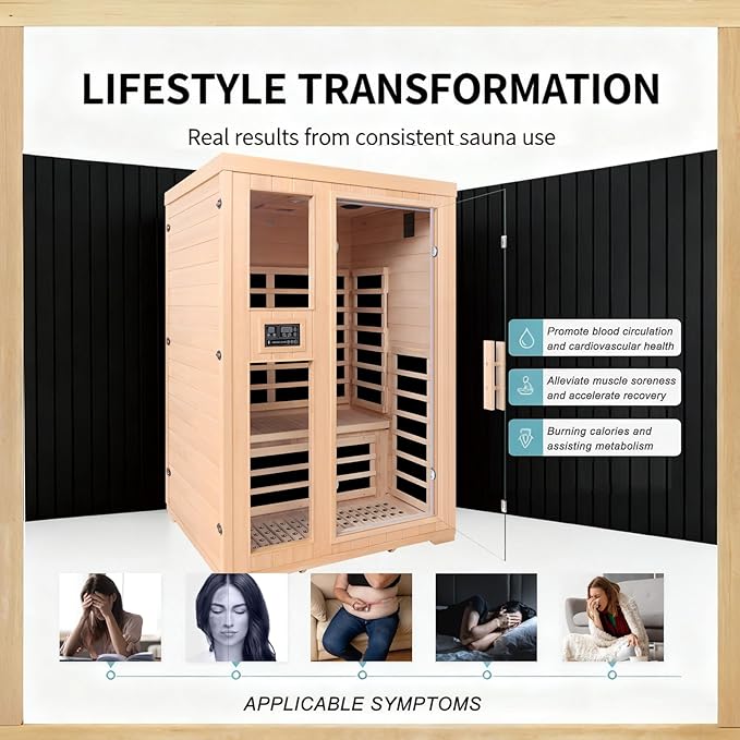 Homsido 2-Person Low EMF Far Infrared Sauna for Home,Canadian Hemlock Wood with Red Light Therapy,Bluetooth Speakers,Chromotherapy Lights,1850W Heater,Tempered Glass Door&LCD Control Panel