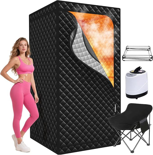 Portable Sauna for Home, Upgraded Large Size Home Sauna Box with 3L 1300W Steamer, Big Folding Chair, 9 Levels Heat,Timer, Remote Control - Personal Steam Room Tent for Relaxation Spa 3'x3'x5.9' Black