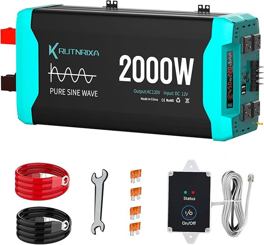 2000W Pure Sine Wave Inverter 12V DC to 120V AC for RV, Truck, Off-Grid, Home, Solar Car Power Inverter with Dual AC Hardwire Port, 50A Socket, 5V 2.1A USB