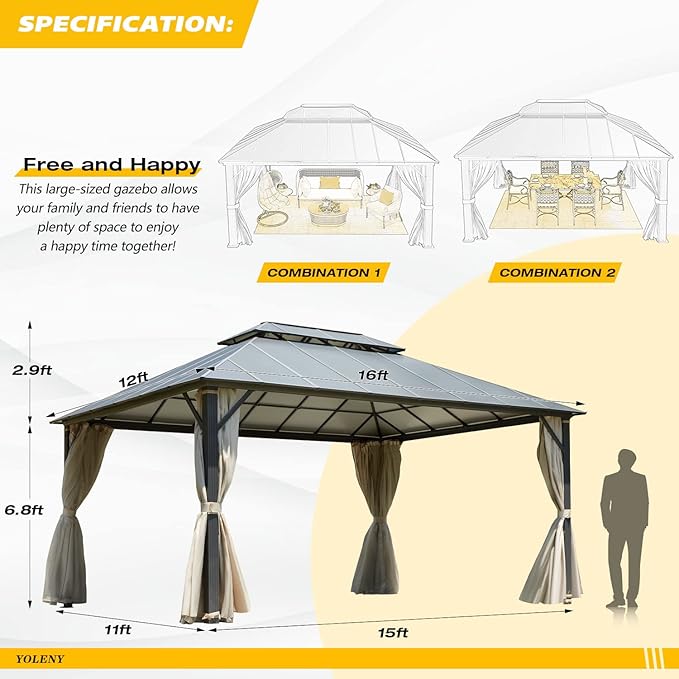 YOLENY 12' x 16' Hardtop Gazebo, Permanent Outdoor Aluminum Patio Gazebo with Aluminum Composite Double Roof for Patio Lawn and Garden, Curtains and Netting Included