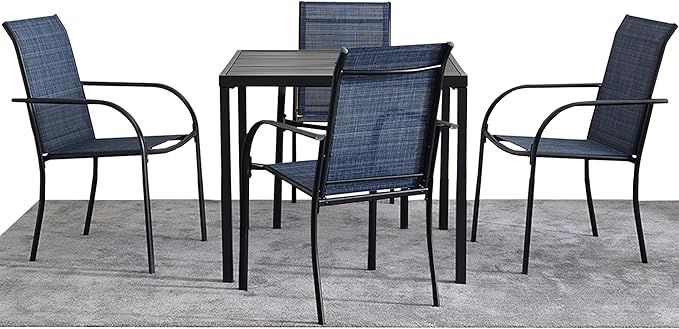 5 Pieces Round Dining Table Set for 4, Patio Dining Set Includes 4 Dark Blue Stackable Patio Chairs and 1 Black Square Table, Patio Furniture Sets with Sling Support for Outside, Garden