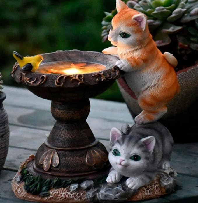 Solar Two Kittens Garden Statues with LED Lights, Outdoor Decor for Patio Yard Balcony - Unique Housewarming Birthday Gifts for Women Mom Grandma