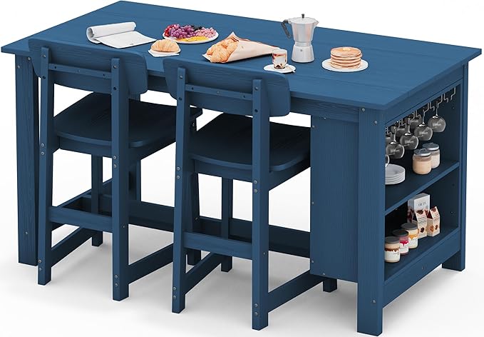 SERWALL Outdoor Bar Table and Chairs Set, 3-Piece HDPE Counter Height Patio Dining Sets with Storage and Wine Rack, Rectangular High Top Bar Table with 2 Bar Stools for Garden, Backyard, Blue