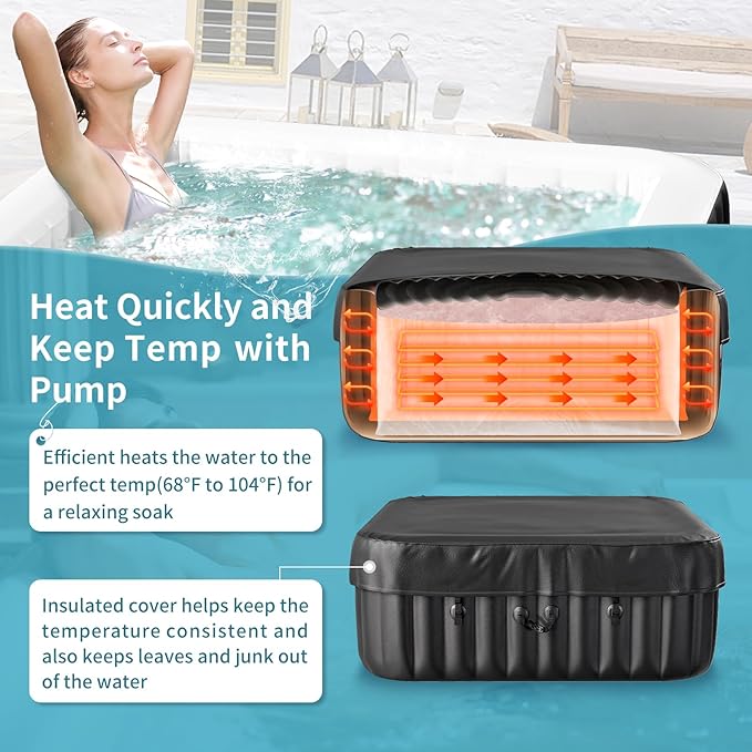 4-6 Person Inflatable Hot Tub, Large Square Blow Up Portable Hot Tub, Leak-Proof PVC Outdoor Spa with 130 Air Jets, Insulated Cover and Heater Pump, 73” X 73”X 25”