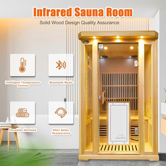 Far Infrared Sauna for Home Low EMF 2 Person Indoor Dry Hemlock Wood 1800W Graphene Heaters Panels Personal Sauna with Touch Intelligent Panel, Bluetooth Reading Light, 47.2 * 39.4 * 74.8in