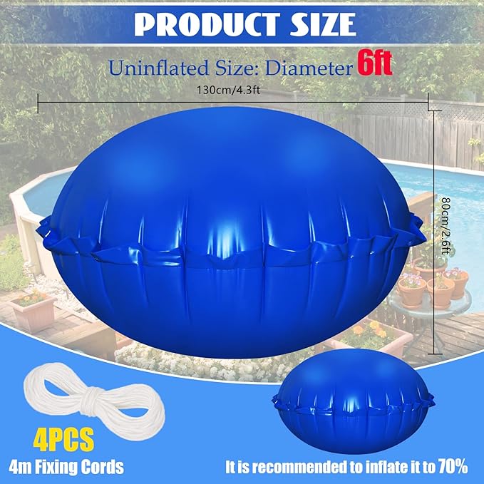 6ft Dia Pool Pillows, Pool Air Pillow, Inflatable Pool Pillows for Above Ground Pools, Winter Swimming Pool Closing Winterizing Kit with Ropes,PVC Ice Equalizer Pillow for Support Swimming Pool Covers