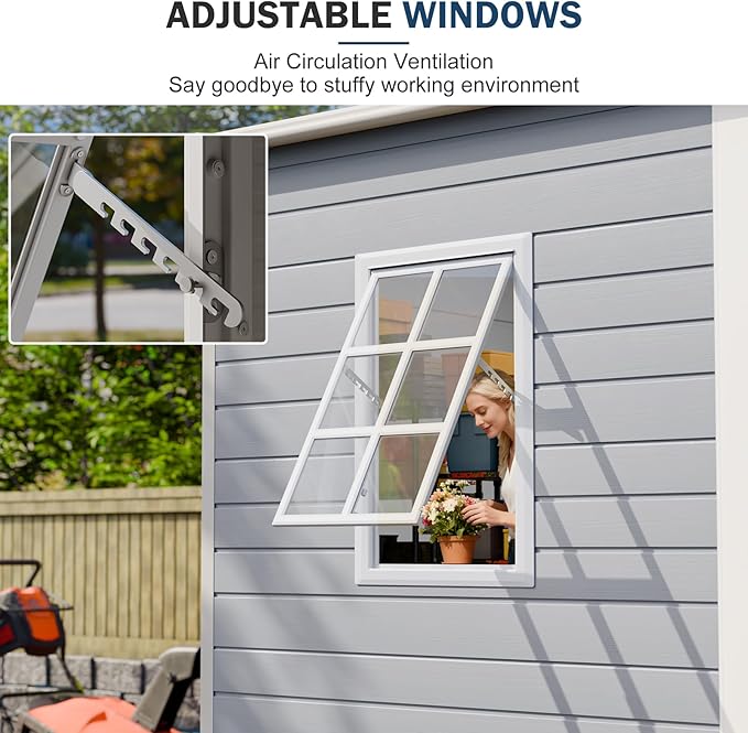 8x4 FT Resin Storage Sheds with Floor and Adjustable Openable Windows, Large Waterproof Garden Sheds with Base, Outside Plastic Sheds with 2 Windows for Backyard Garden Patio Lawn Tools Storage, Gray