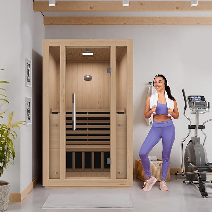 SteamSpa 1-2 Person Low EMF Carbon FAR Infrared Hemlock Wood and Tempered Glass Indoor Home Sauna Room with Redlight Heating Tube, LED Touch Control Panel, Color LED Therapy Light, Bluetooth Speaker