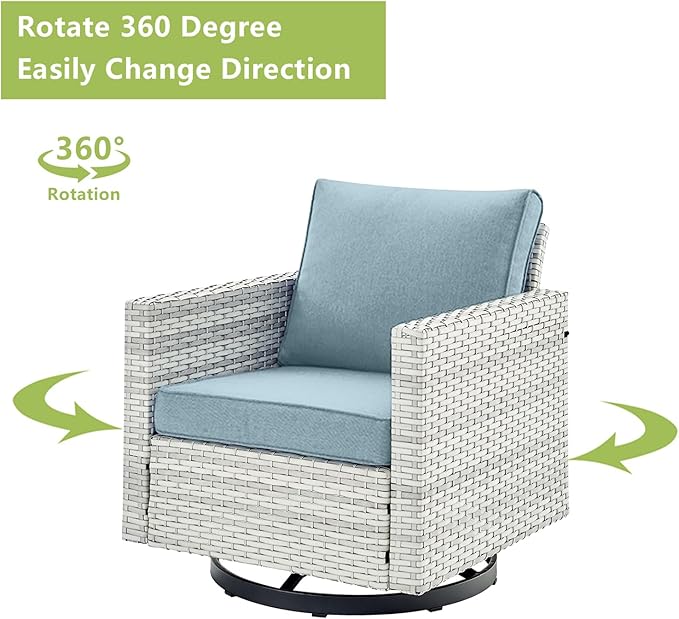 Rilyson Wicker Outdoor Patio Furniture Set - 7 Piece Patio Conversation Set with 4 Swivel Rocker Chairs,2 Rattan Ottoman and 1 Couch for Outside Porch Deck Backyard(Light Grey/Sky Blue)