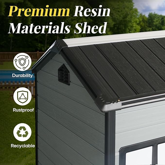 8x4 FT Resin Storage Shed with Floor Included, Outdoor Plastic Sheds & Outdoor Storage Clearance with 2 Windows and Lockable Door, Backyard Storage Shed for Garden Tools, Bike, Black+Grey
