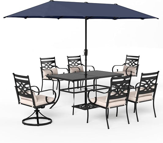 Sophia & William Patio Dining Set for 6 | 13ft Patio Umbrella NavyBlue | 4 Fixed Chairs | 2 Swivel Patio Dining Chairs | Removable Seat Cushions | Black 59" Patio Dining Table