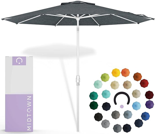 Midtown Umbrellas The Swilt 8 Feet Patio Umbrella in Sunbrella Cast Slate Acrylic Fabric - Fiberglass Ribs, Auto-Tilt Aluminum Frame For Backyard, Deck, Garden, Pool - White Pole