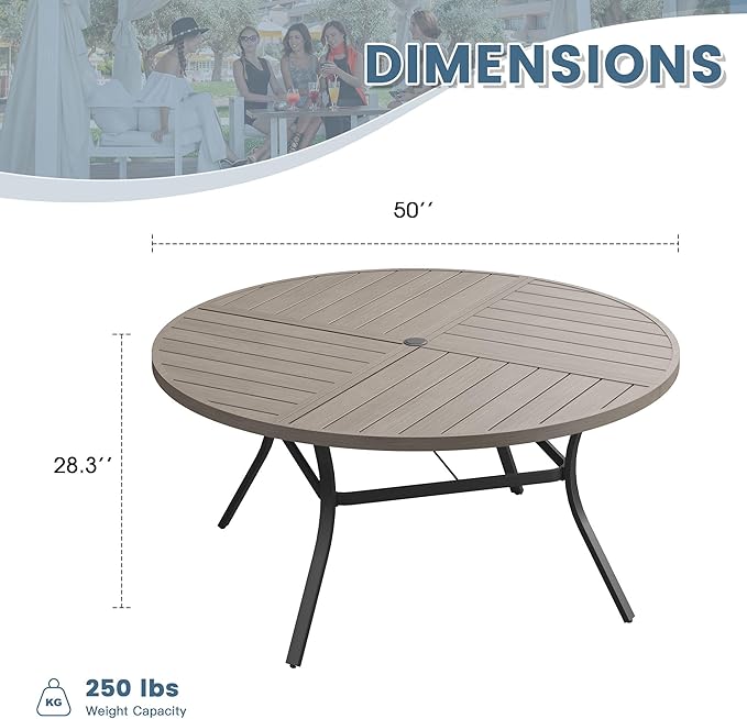 DIFY 50" Round Outdoor Patio Dining Table for 6, All-Weather Metal Steel Slatted Patio Table with 1.57" Adjustable Umbrella Hole, for Lawn Garden Porch Backyard, Grey Wood-Like
