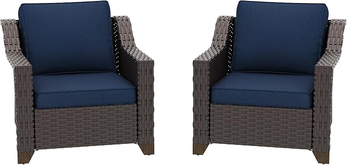 Patio 2 Pieces Chairs Set of 2 with Removable and Washable Covers，Outdoor PE Rattan Wicker Armchairs with Water-Resistant Cushions for Porch, Balcony, Sunroom (Navy Blue)