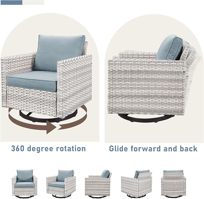 Wicker Patio Furniture Set, 6 PCS Outdoor Patio Furniture Set with Swivel Chairs, Includes 2 Swivel Patio Chairs, 1 Outdoor Couch, 1Side Table and 2 Ottoman, Light Beige/Light Blue