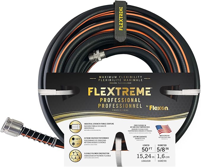 Flexon Flextreme Pro 5/8" x 50ft Performance Rubber Garden Hose – Heavy-Duty, Kink-Resistant, All-Weather Flexibility, Industrial-Grade Couplings, Durable Outdoor Watering Hose for Lawn & Garden