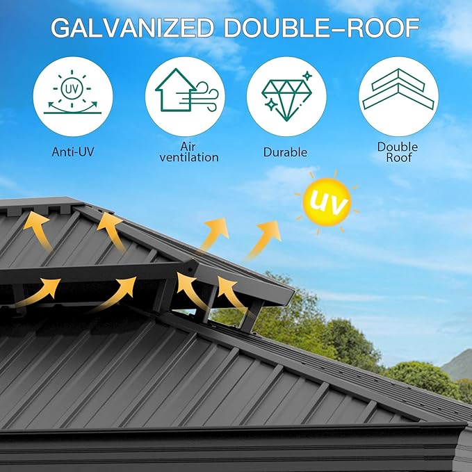Outdoor Hardtop Gazebos 12 x 12 ft Permanent with High Strength Aluminum Frame, Double-Roof, Pavilion with Curtain and Netting for Patio, Lawn, Deck, Garden (Darkgrey, 12x12 ft)