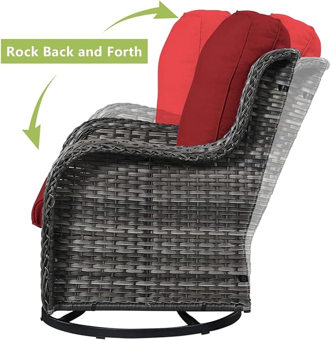 HUMMUH 3-Piece Swivel Rocking Rattan Chair Outdoor, Patio Bistro Furniture Conversation Set, Cushioned Wicker Chair with Glass Coffee Table(Grey, Red)
