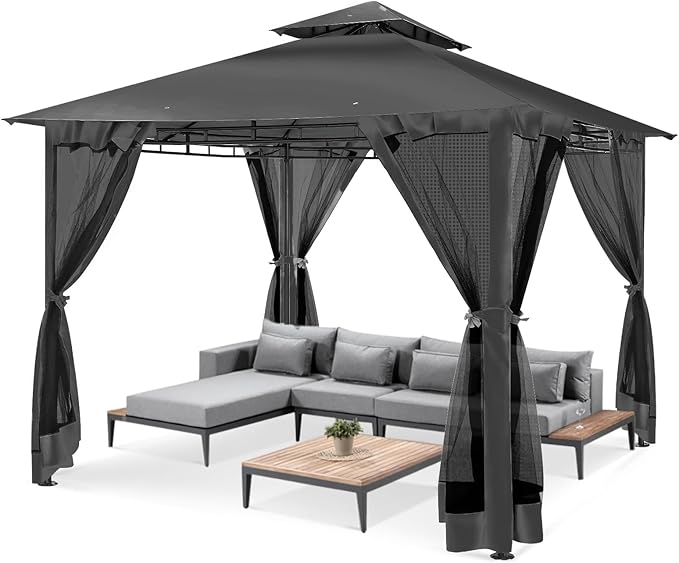 COBIZI Gazebo 10x10 Heavy Duty Gazebos with Improved Nettings Outdoor Gazebo Double Roof Patio Gazebos with Metal Steel Frame Outdoor Canopy for Patio, Deck, Backyard(Black)