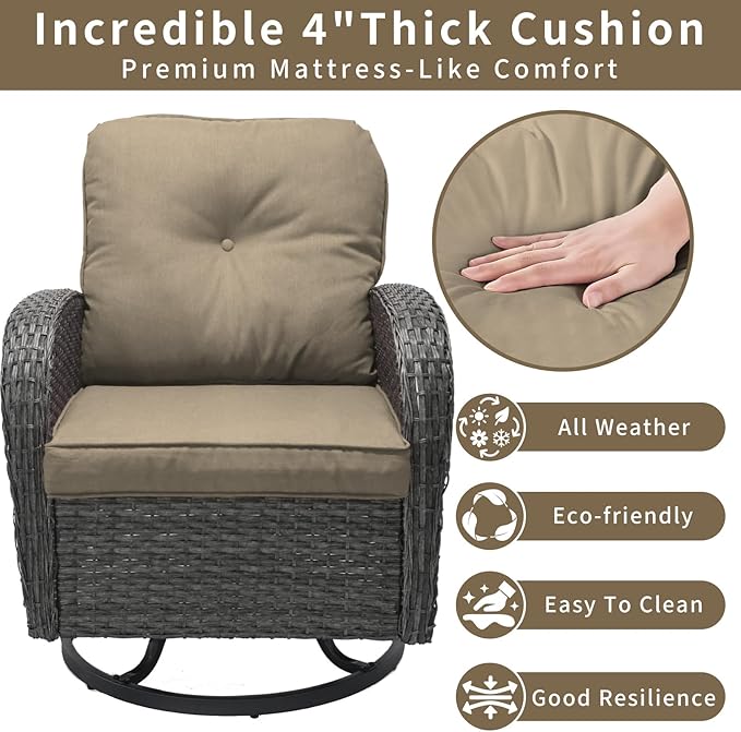 3 Pieces Patio Furniture Set, Outdoor Swivel Rocking Chair Set of 2 with Side Table - 360° Swivel, Thick Cushions, All-Weather Bistro Set for Deck, Porch, Pool(Brown, Grey Full-Weave Rattan)