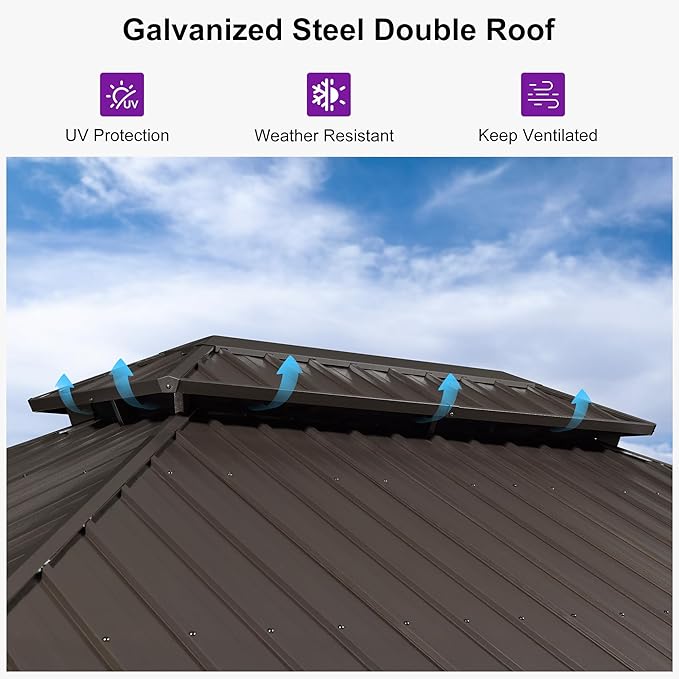 PURPLE LEAF 10’ X 14’ Outdoor Hardtop Gazebo Metal Frame Galvanized Steel Double Roof with Curtains and Nettings for Patio Desk Backyard Bronze