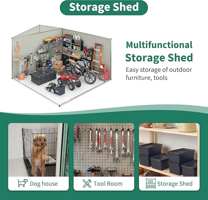 VIWAT 12x14 FT Outdoor Storage Shed, Garden Shed with Updated Frame Structure and Lockable Doors, Metal Tool Sheds for Backyard Garden Patio Lawn, White