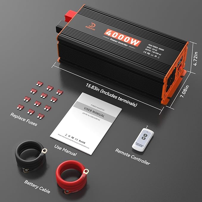 4000W Power Inverter 12V DC to 110V/120V AC Converter for RV/Truck/Boat/Camping/Off-Grid Solar Car Power Inverter Peak Power 8000W with 4 AC Outlets,USB & Type-C Port, Remote Controller & LCD Screen