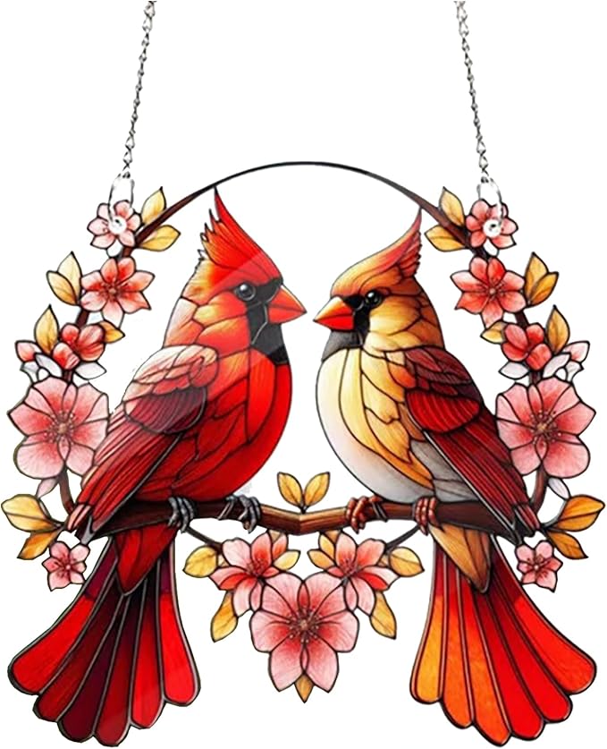 Acrylic Window Hanging Cardinal Suncatcher Decor,Red Bird Suncatcher Panel Outdoor Wall Art Stained Panel Hangings Gift for Home Garden Ornament for Birds Lover