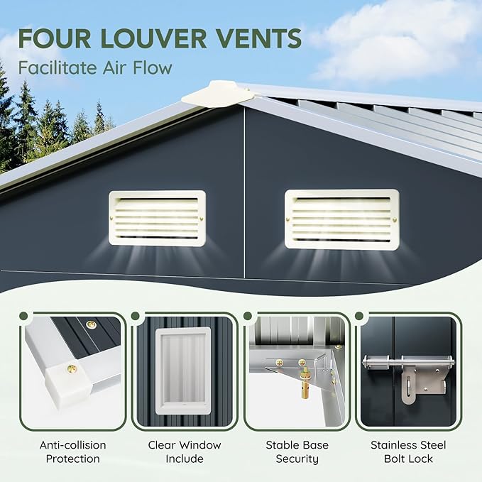 6x8FT Outdoor Metal Storage Shed with Floor Frame,Double Door, 1 Clear Window, Tool Shed for Garden, Patio, Backyard