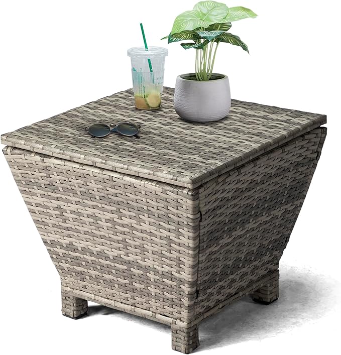 Outvita Outdoor Side Table, Rattan Coffee Table with Storage 13 Gallon Patio Small Deck Storage Box for Cushion Towel Books, Brown Side Table with lid