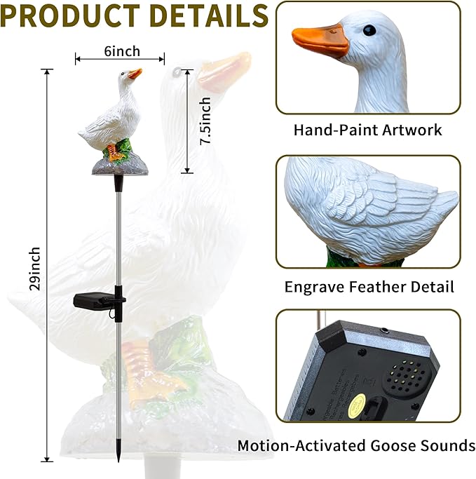 Solar Porch Goose Statue Garden Decor, 29 inch with Motion-Activated Sound Outdoor Decor for Lawn Patio Yard Balcony - Unique Gift for Garden Lovers