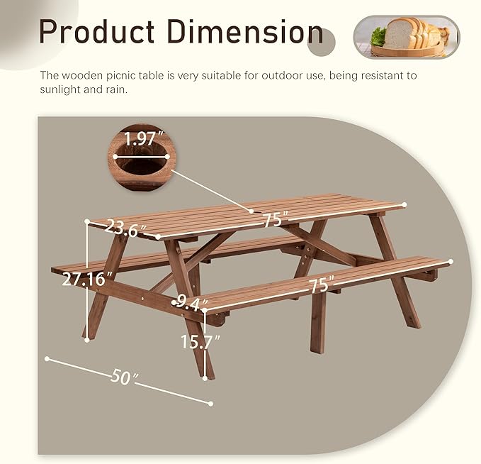Picnic Table with Bench for 8 Person Outdoor Wooden Rectangle Table for Patio Garden Backyard Large Outside Dining Table Set with Umbrella Hole 6.26FT Brown