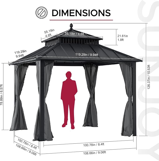 SUNJOY Kingston 10' x 10' Hardtop Gazebo with Galvanized Steel Double Roof, Curtain and Netting, Gray Aluminum Posts Permanent Pavilion Gazebo for Garden, Patio, Deck, Lawn