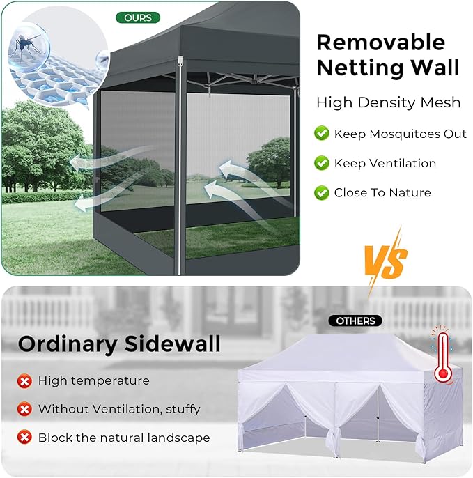 COBIZI 10x30 Heavy Duty Pop Up Canopy Tent with 8 Sidewalls, Commercial Gazebo Party Tent with Mosquito Netting Wall Easy Set Up Outdoor Instant Screen Tent for Backyard, Patio, Garden, Gray