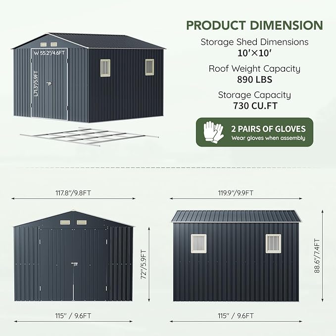 10x10 FT Outdoor Metal Storage Shed with Floor Frame, Double Swing Doors, 2 Clear Windows,Tool Shed for Garden, Patio, Backyard Nightblue