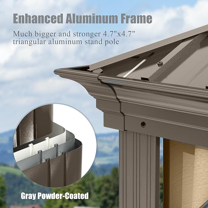 Domi 10'x14' Hardtop Gazebo withGutters, Outdoor Aluminum Frame Canopywith Galvanized Steel Double Roof,Outdoor Permanent Metal Pavilion withCurtains and Netting for Patio, Backyardand Lawn Brown