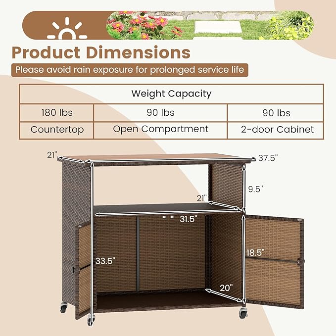 Tangkula Rattan Outdoor Storage Cabinet, Patiojoy PE Wicker Outdoor Cabinet with Acacia Wood Countertop, Open Compartment, Storage Shelf, Outdoor Bar with 4 Wheels for Garden Backyard Deck