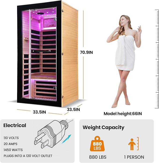 Sauna Indoor Far Infrared Saunas Home 1 Person Canadian Hemlock 1450W Low-EMF Dry Spa Sauna with Oxygen Bar, 26 Colorful Starry Sky Lights, 7 Heating Plates, Intelligent Control, Speaker - H5.9 ft