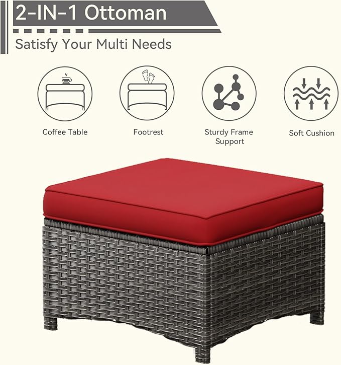 5 Piece Outdoor Patio Furniture Set Wicker Conversation Set Swivel Rocking Chairs with Side Table and Ottomans for Backyard, Porch, Deck, Red